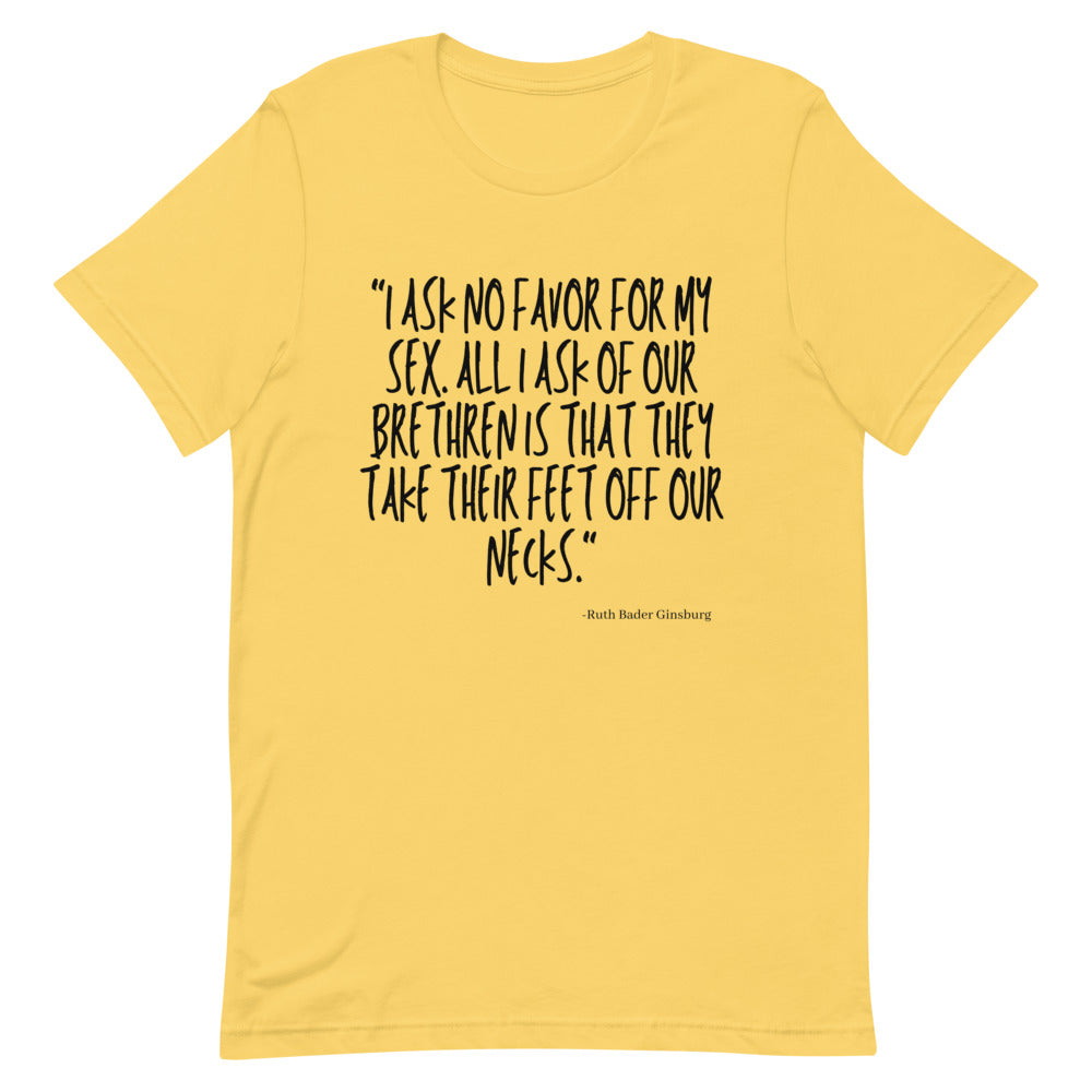 I Ask No Favor For My Sex T-shirt with handwritten text worn proudly by a young Black person, set in a dark tunnel lit by golden lights.