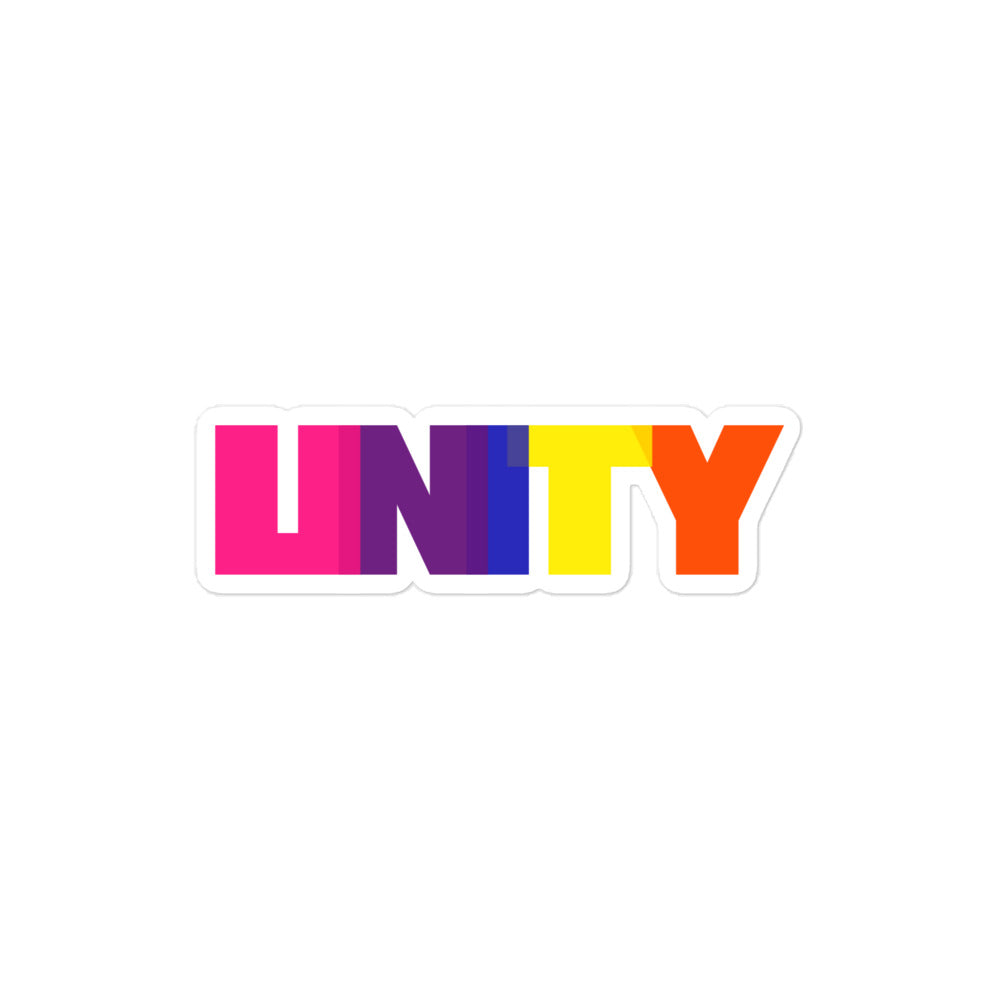 White-edged sticker spelling “UNITY” in bright pink, purple, yellow, and orange letters