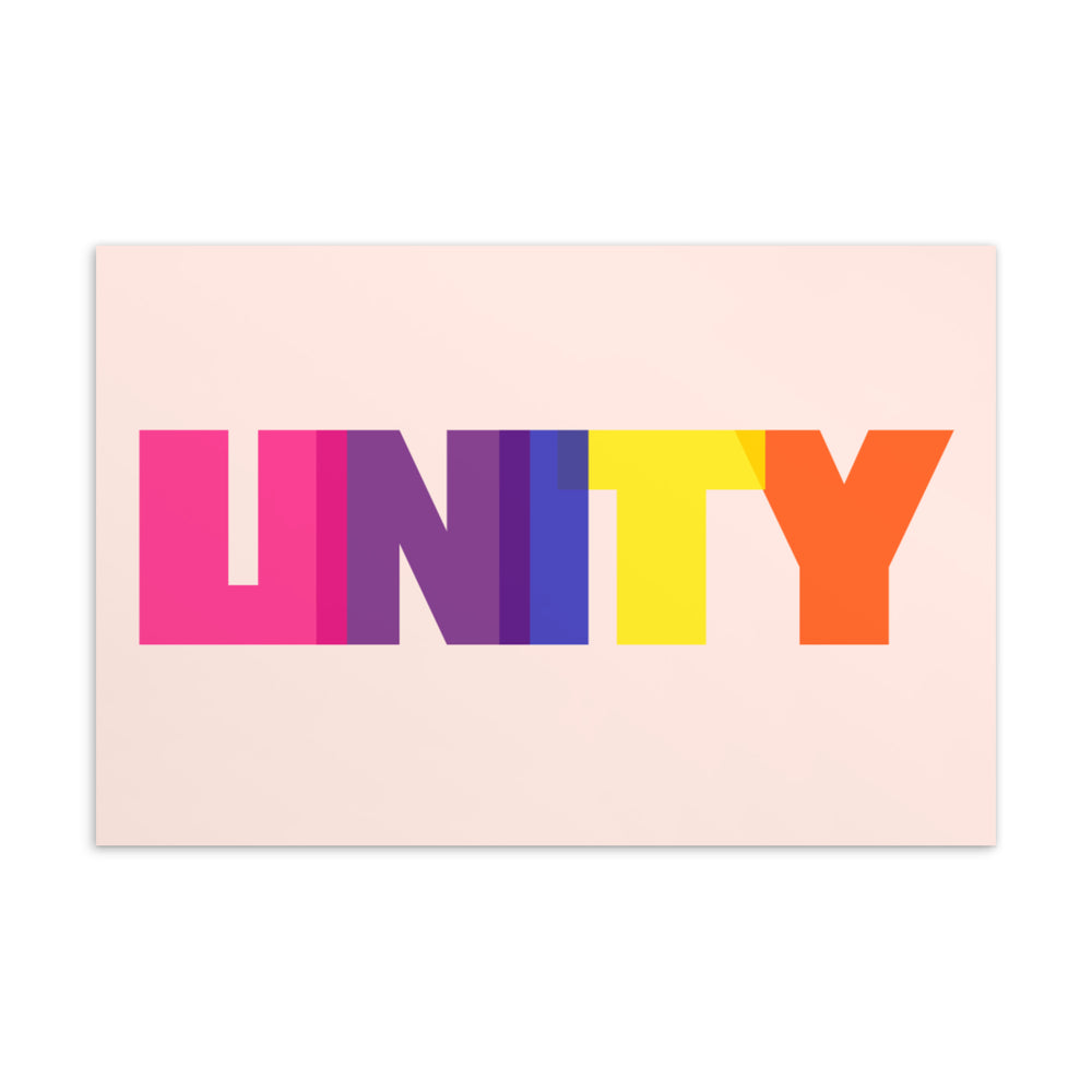 Postcard with the word “UNITY” in large multicolored block letters on a pale pink background