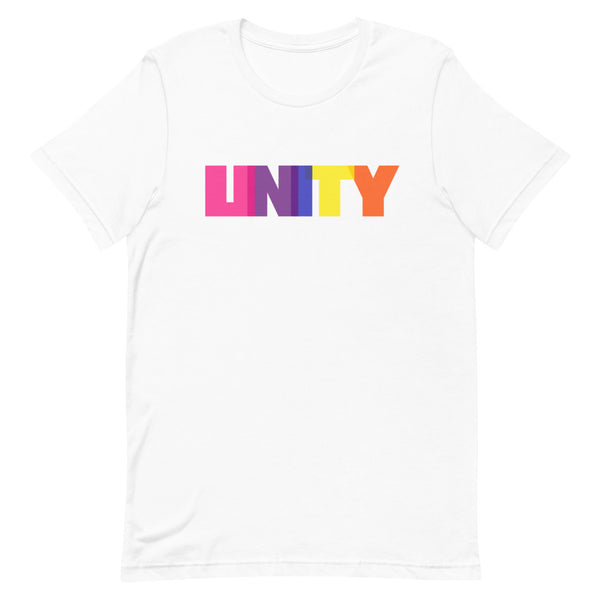 White short-sleeve T-shirt with colorful block letters spelling “UNITY”