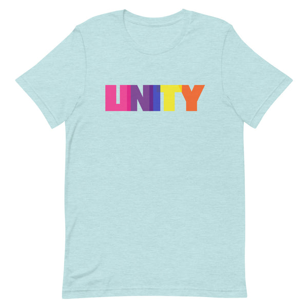 Light blue short-sleeve T-shirt with colorful block-letter UNITY graphic