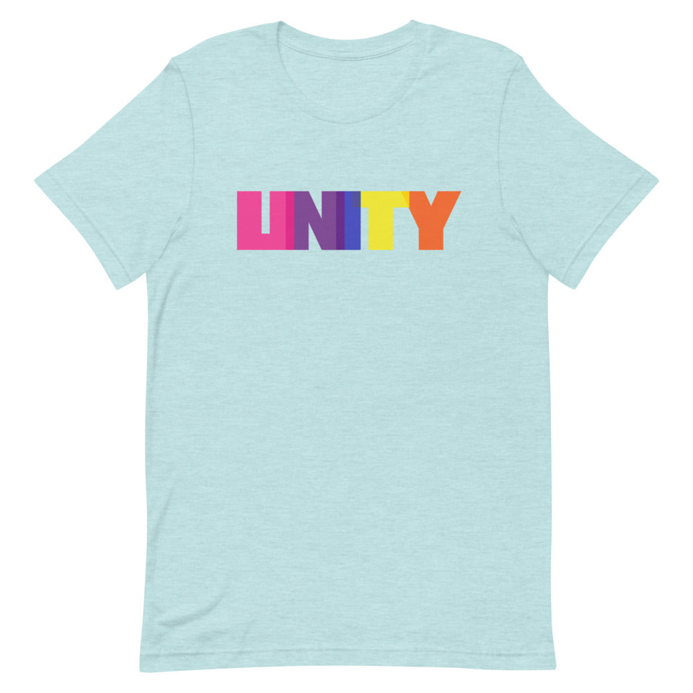 Light blue short-sleeve T-shirt with colorful block-letter UNITY graphic