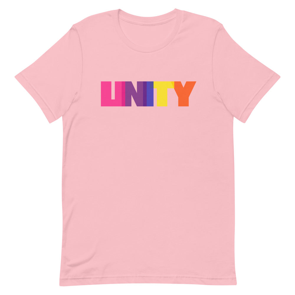 Pink short-sleeve T-shirt with colorful block-letter UNITY graphic