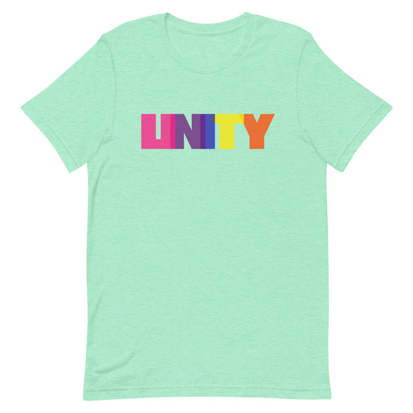 Mint green short-sleeve T-shirt with colorful block letters spelling “UNITY”