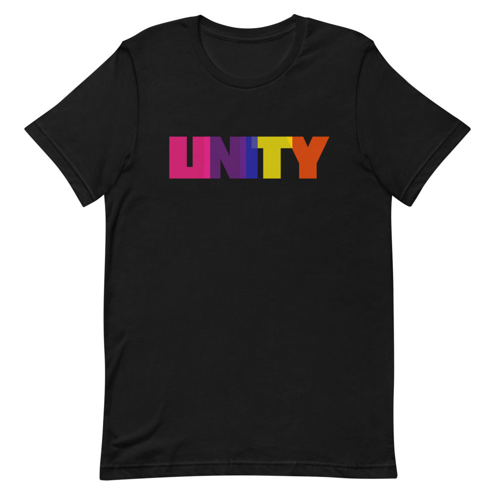 Black short-sleeve T-shirt with colorful block lettering spelling “UNITY”