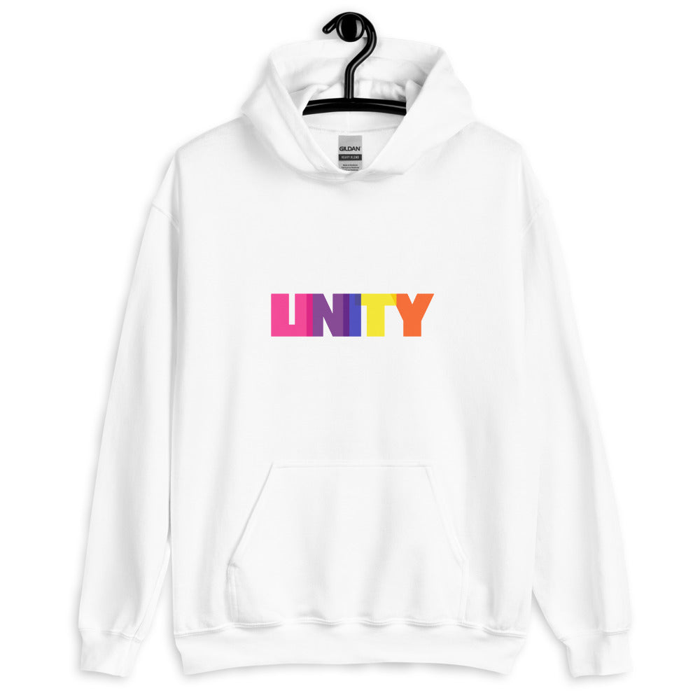 Front view of a white hoodie with the word “UNITY” in multicolored block letters