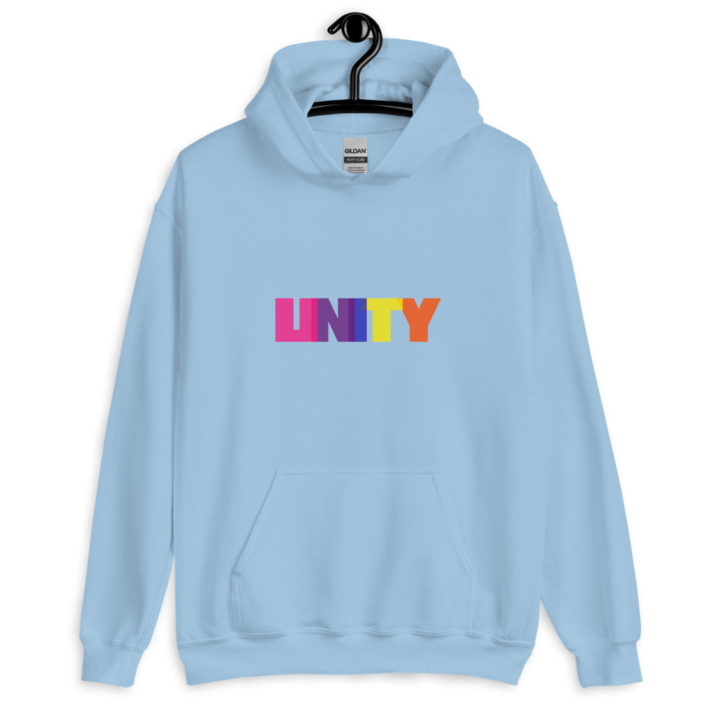 Front view of a light blue hoodie on a hanger with rainbow-colored “UNITY” lettering