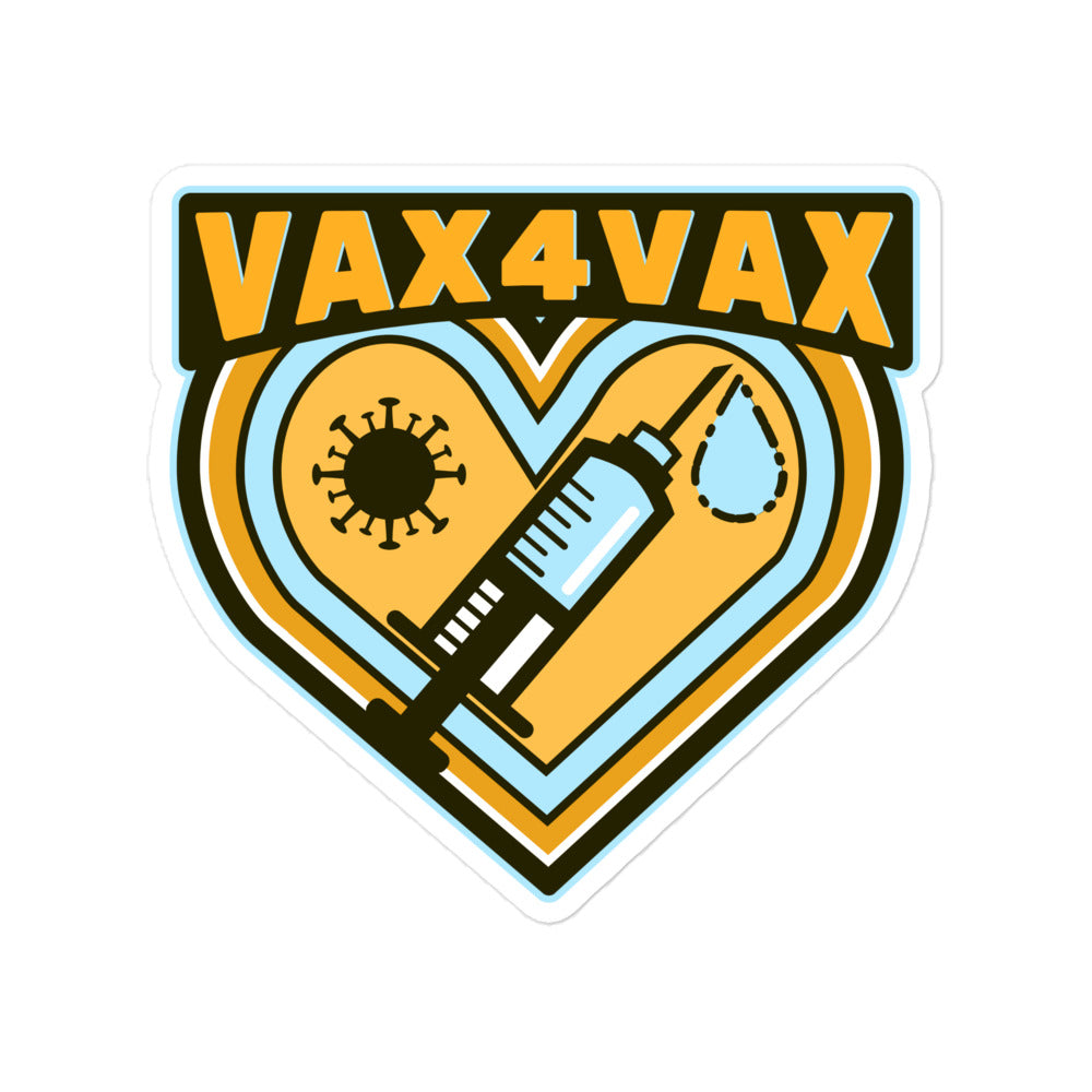 Heart-shaped sticker reading “VAX 4 VAX,” with a syringe, virus symbol, and droplet