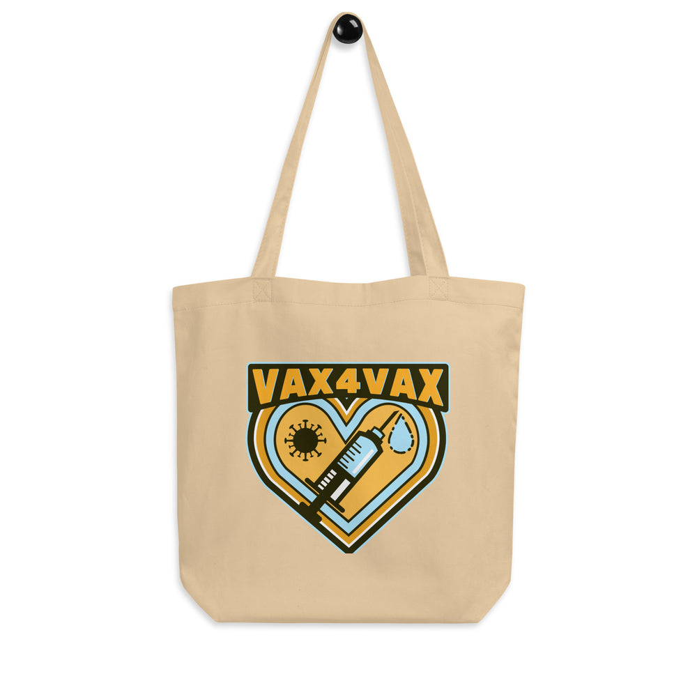 Oyster canvas tote bag with “VAX 4 VAX” over a heart, syringe, virus, and droplet graphic