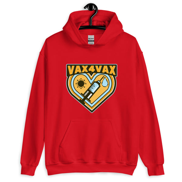 Front view of a red hoodie with a heart-shaped “VAX 4 VAX” syringe graphic