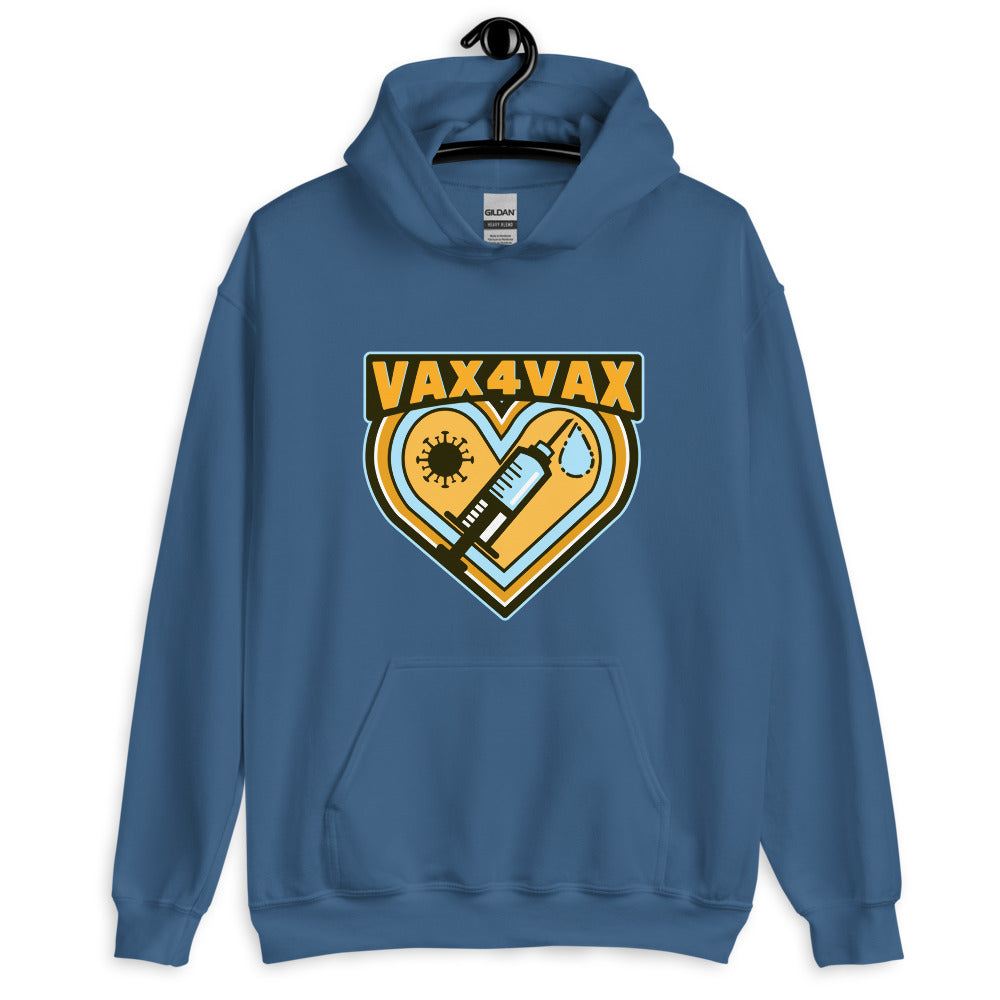 Front view of a blue pullover hoodie on a hanger with “VAX 4 VAX” heart graphic
