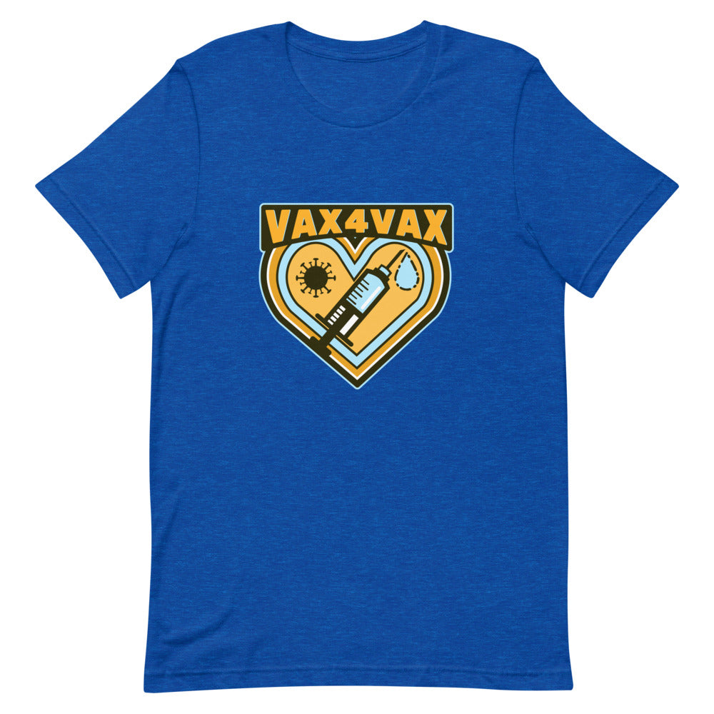 Front view of a royal-blue T-shirt with a heart, syringe, virus symbol, and “VAX 4 VAX” graphic
