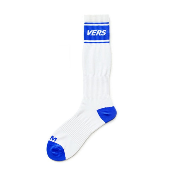 White crew sock with blue toe, heel, stripes, and “VERS” lettering