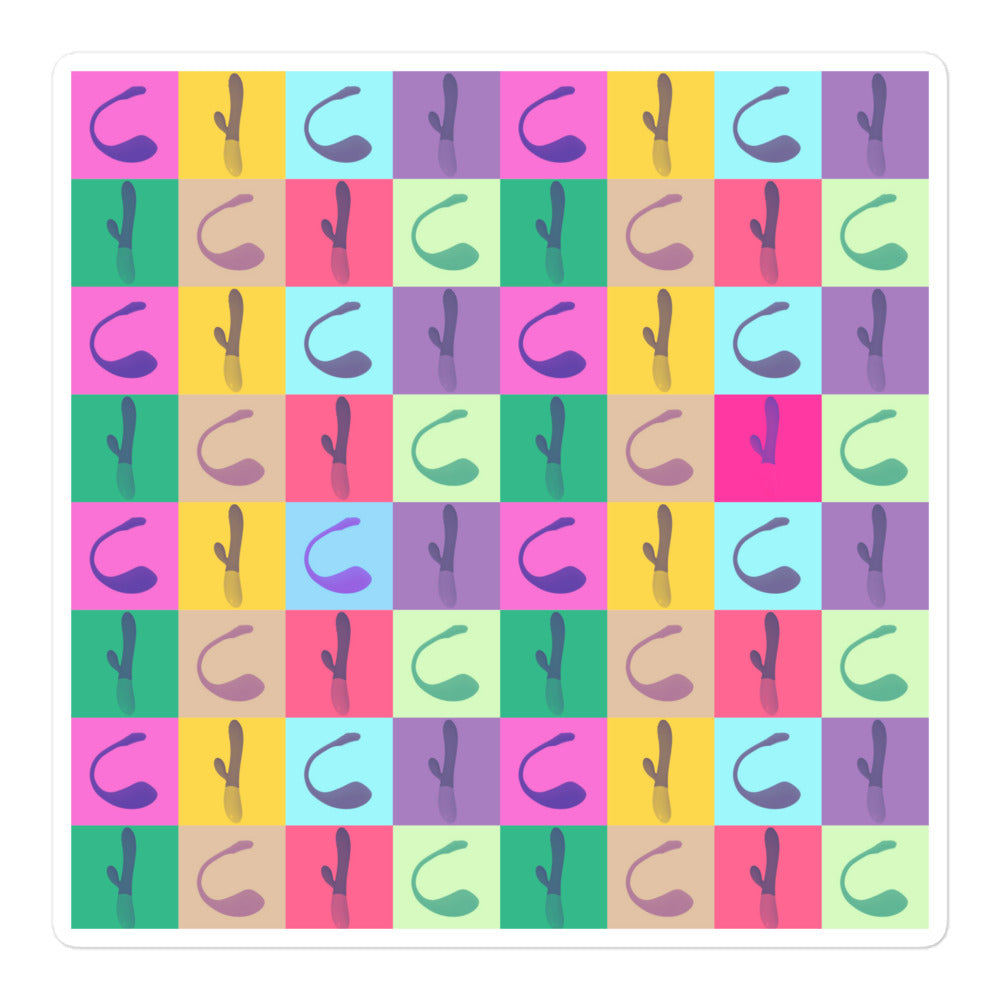 Square sticker sheet with repeated colorful pop-art vibrator silhouettes in a grid