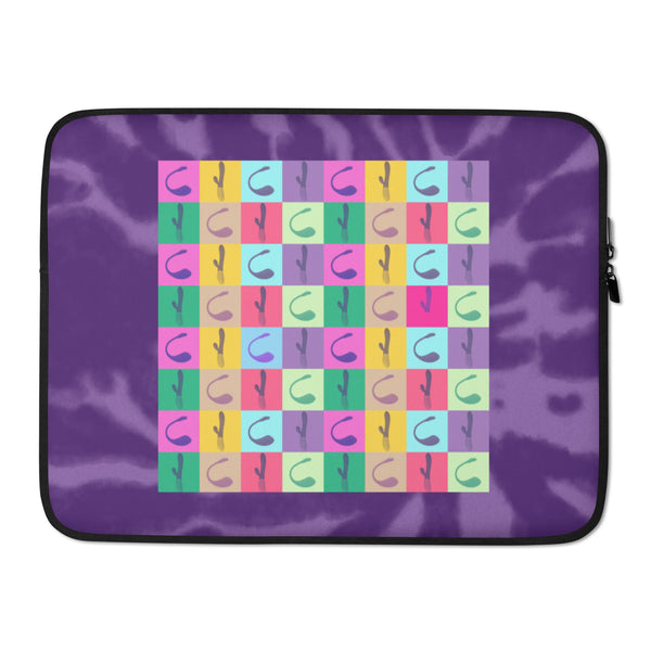 lesbians double headed dildo: Laptop sleeve with purple tie-dye and a pop-art grid, neon pink and green shapes, floating