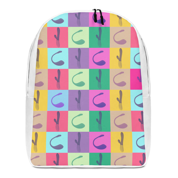 Front view of a white-trimmed backpack with colorful checkerboard vibrator illustrations
