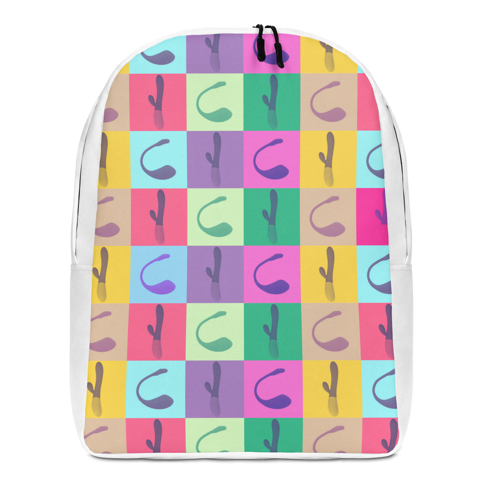 Front view of a white-trimmed backpack with colorful checkerboard vibrator illustrations