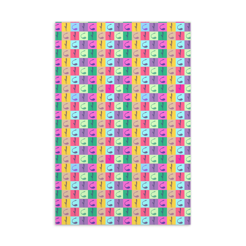 Postcard with a colorful repeating pattern of stylized vibrators in bright square tiles