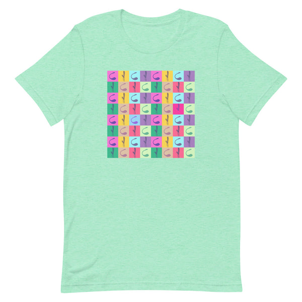 Vibrator Pop Art T-Shirt in soft cotton, featuring a bold, colorful grid. Neon pink, blue, and orange lights add a retro queer vibe.