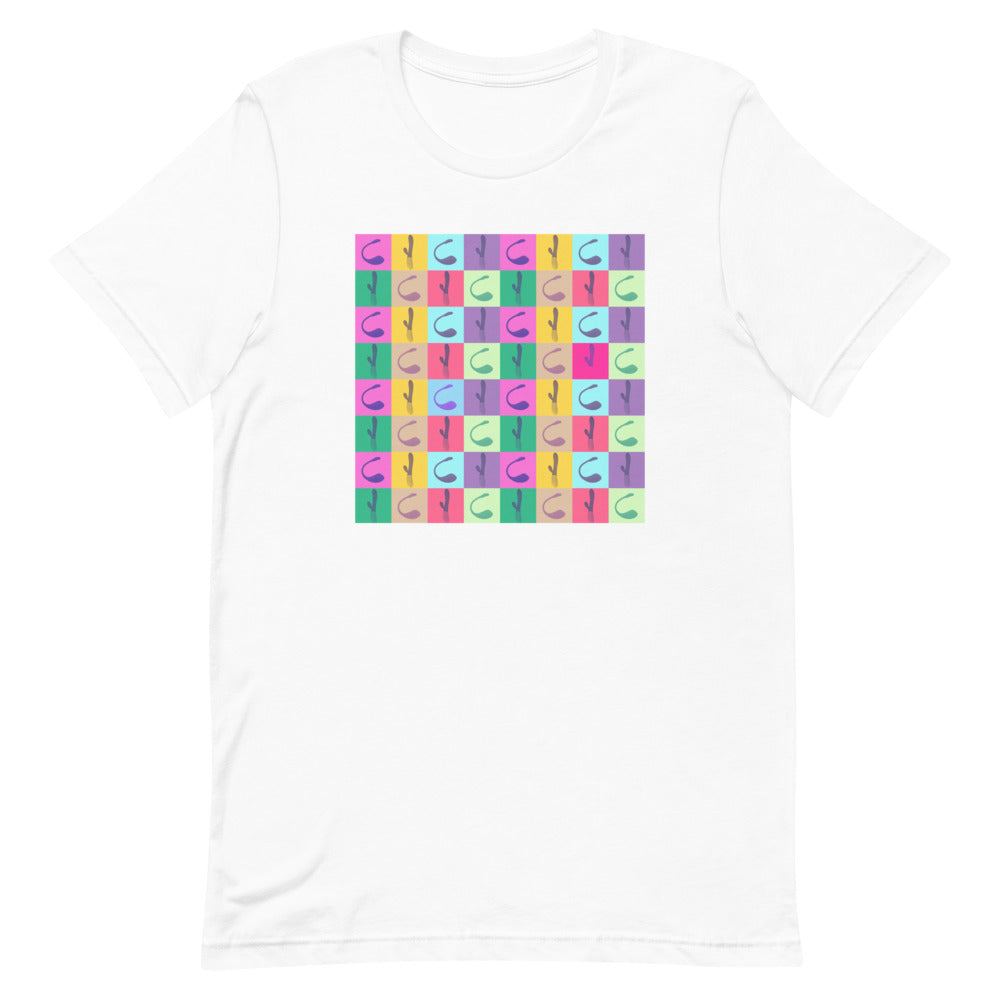 White T-shirt with a colorful pop-art grid of vibrator illustrations