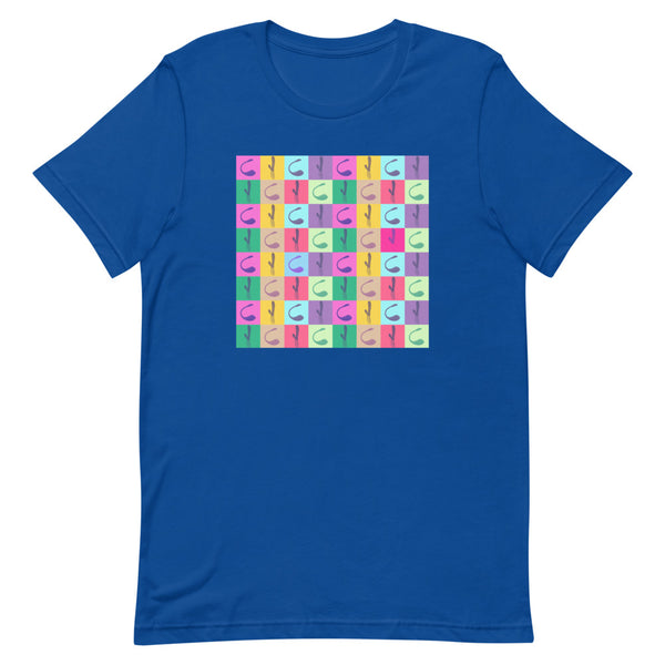 Blue T-shirt with a colorful repeating pop-art vibrator print