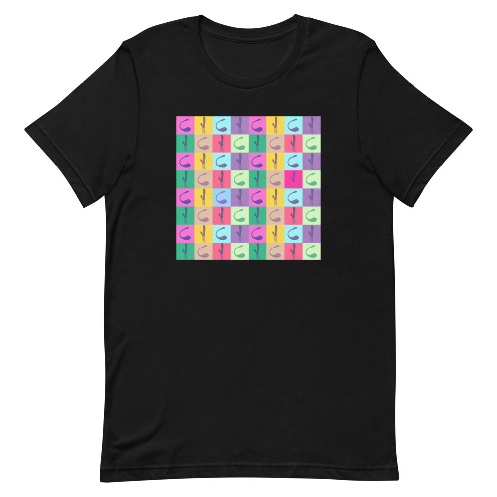 Black T-shirt with a colorful pop-art grid of repeated vibrator illustrations