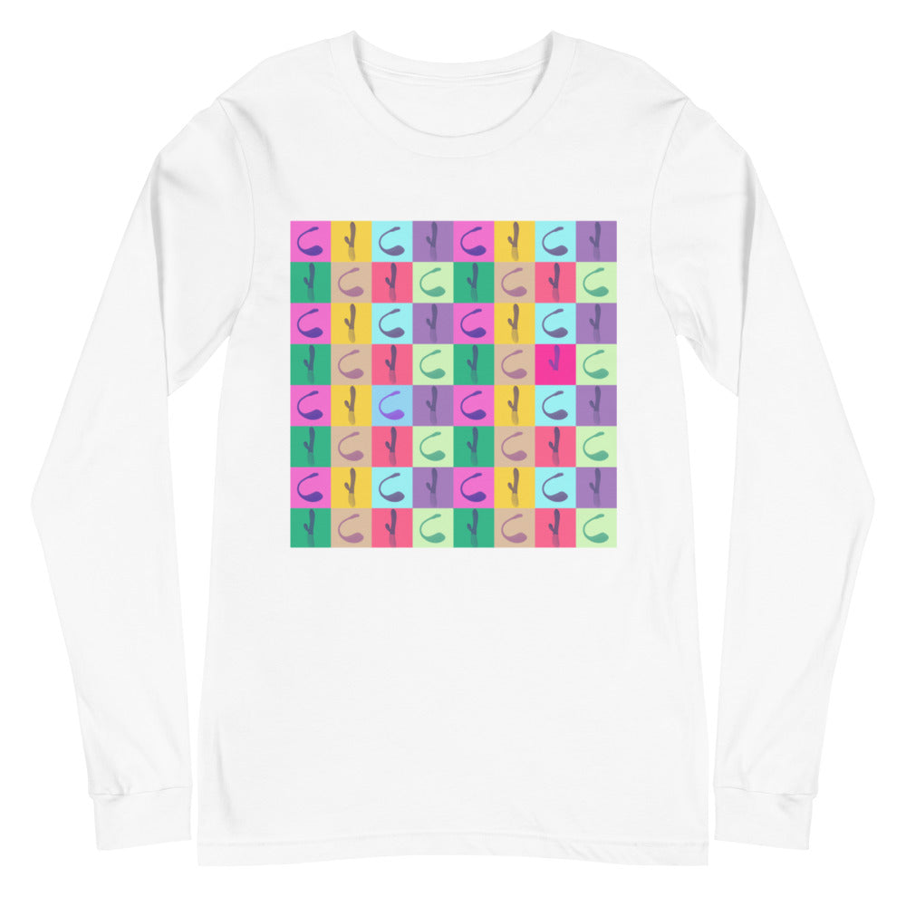 White long-sleeve T-shirt with a colorful checkerboard of repeated vibrator silhouettes