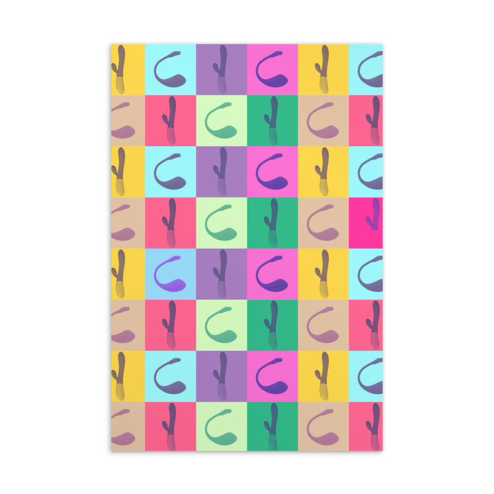Vibrator Postcard with a rainbow checkerboard of abstract shapes on metallic surface, framed by glossy pink, yellow, purple blocks and pride stickers.