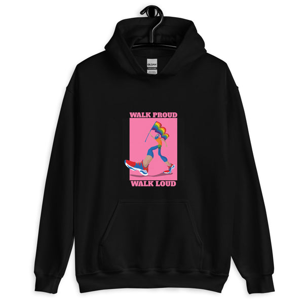 Front view of a black hoodie with pink “WALK PROUD WALK LOUD” graphic