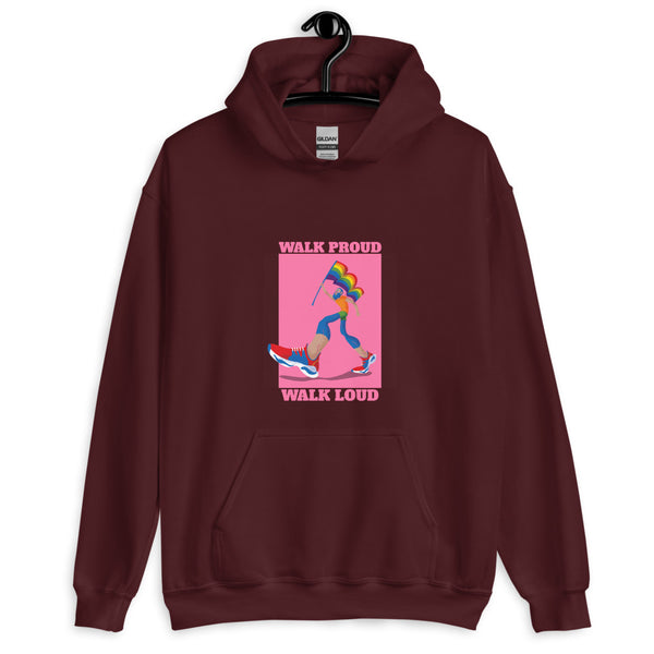 Front view of a maroon hoodie reading “WALK PROUD WALK LOUD” with a colorful running figure