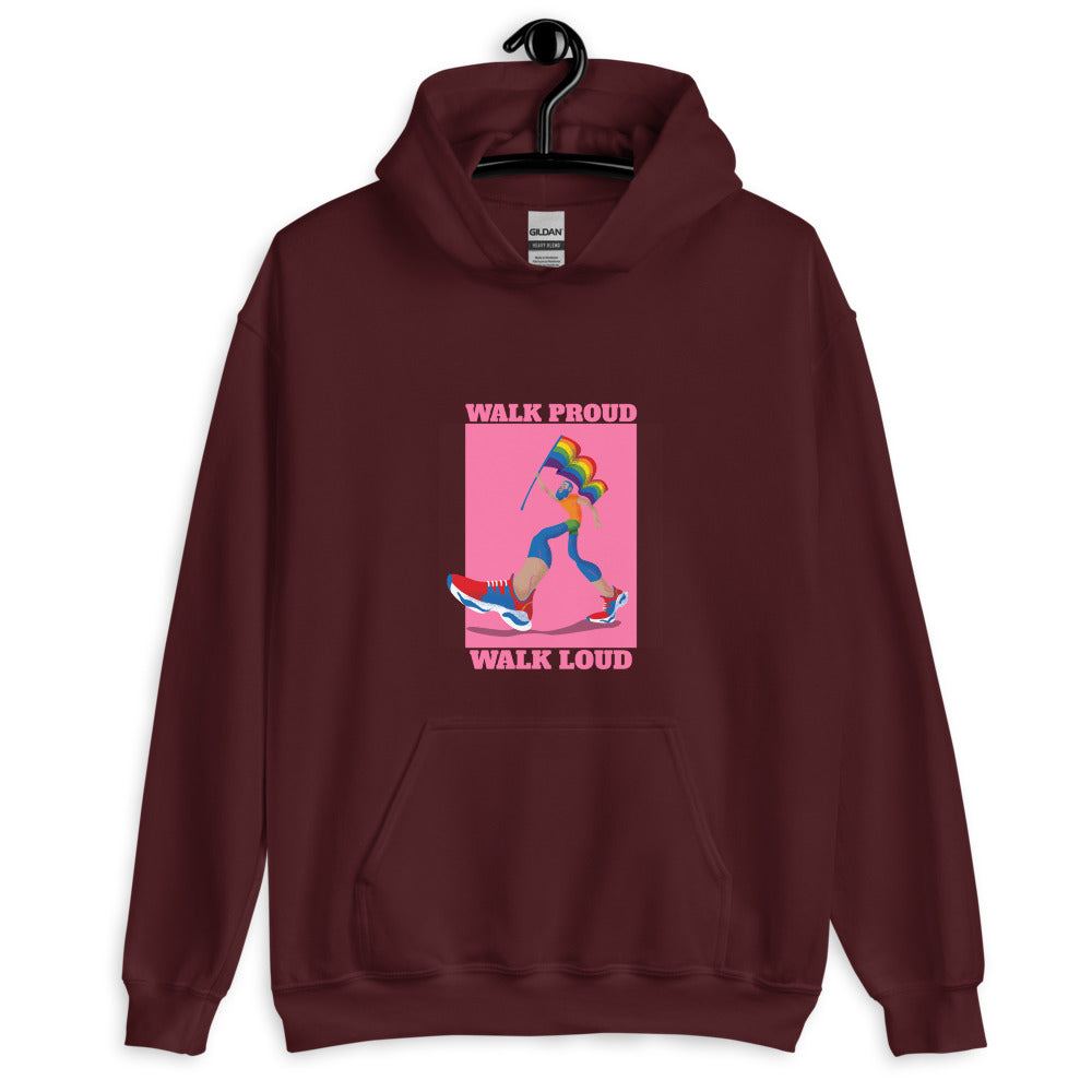 Front view of a maroon hoodie reading “WALK PROUD WALK LOUD” with a colorful running figure