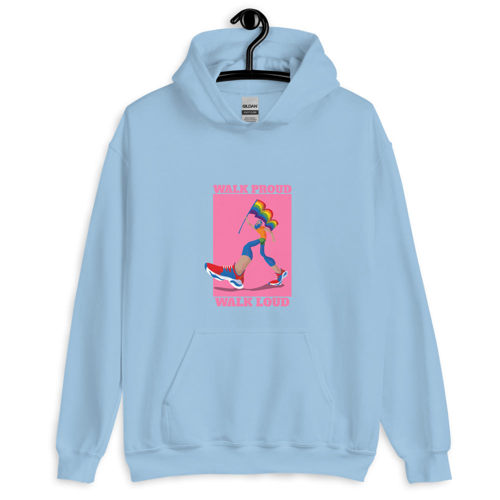 Front view of a light blue hoodie reading “WALK PROUD WALK LOUD” with a rainbow runner graphic