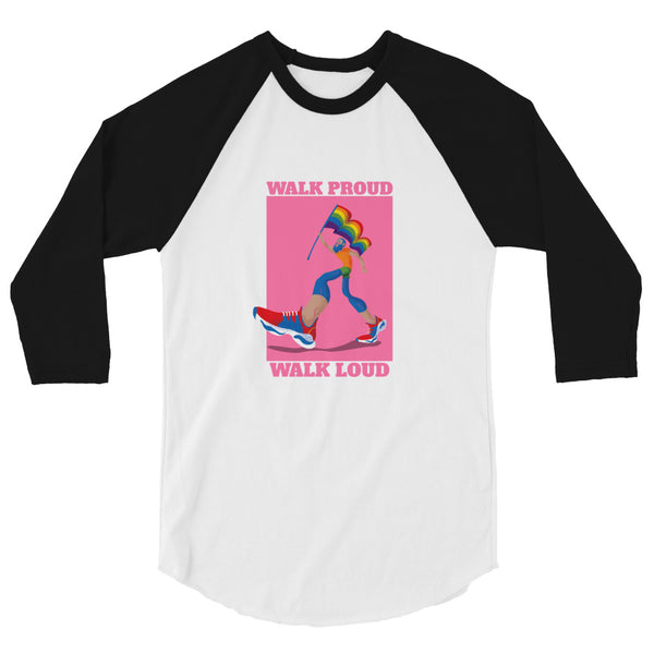 White and black raglan shirt with a colorful runner graphic and “WALK PROUD WALK LOUD” text