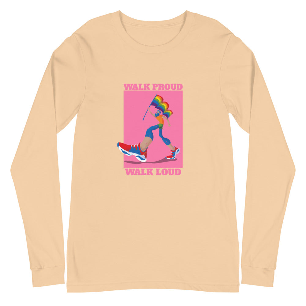 Sand-colored long-sleeve shirt with a rainbow walker and “WALK PROUD WALK LOUD” text