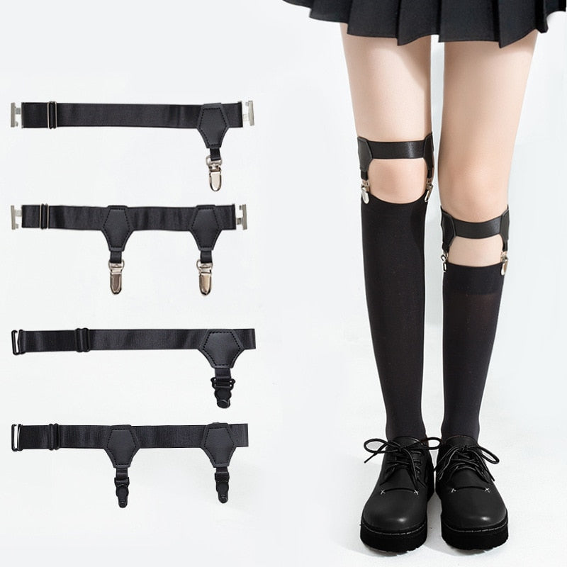 Black adjustable thigh garter straps with metal clips, shown flat and worn over stockings