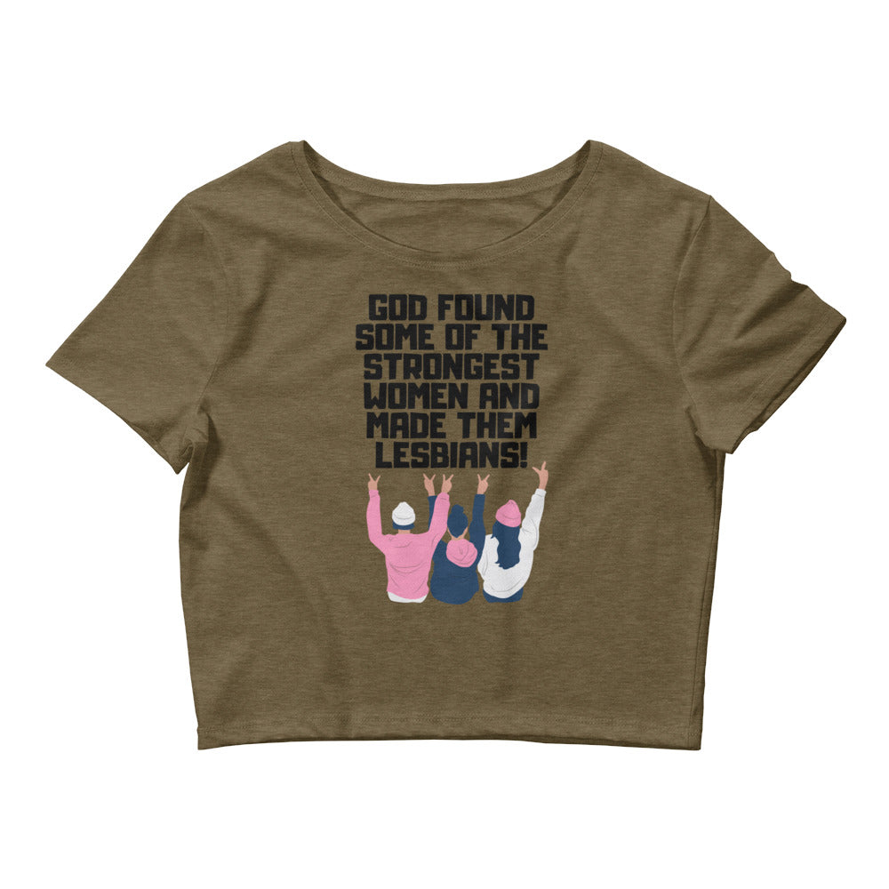 Heather Olive God Found The Strongest Women Crop Top by Printful sold by Queer In The World: The Shop - LGBT Merch Fashion