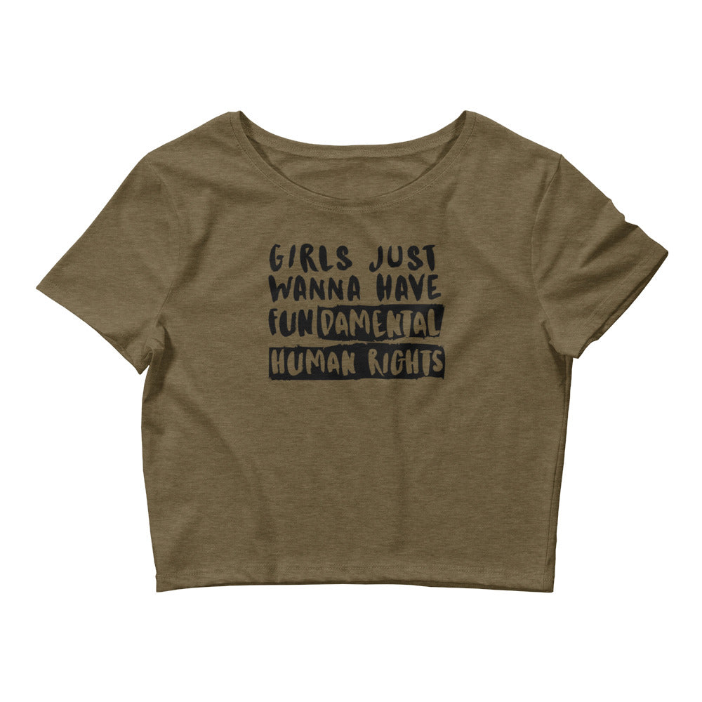 Heather Olive Girls Just Wanna Have Fundamental Human Rights Crop Top by Printful sold by Queer In The World: The Shop - LGBT Merch Fashion