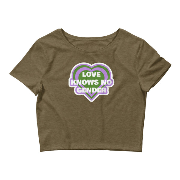 Heather Olive Love Knows No Gender Genderqueer Crop Top by Queer In The World Originals sold by Queer In The World: The Shop - LGBT Merch Fashion