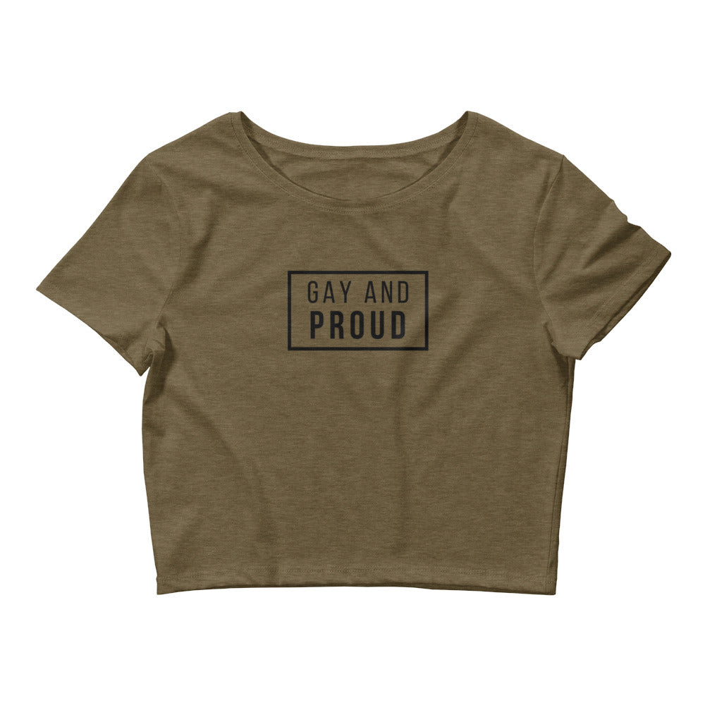 Heather Olive Gay And Proud Crop Top by Printful sold by Queer In The World: The Shop - LGBT Merch Fashion
