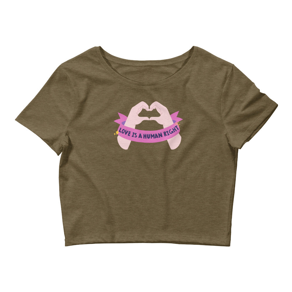 Heather Olive Love Is A Human Right Crop Top by Queer In The World Originals sold by Queer In The World: The Shop - LGBT Merch Fashion