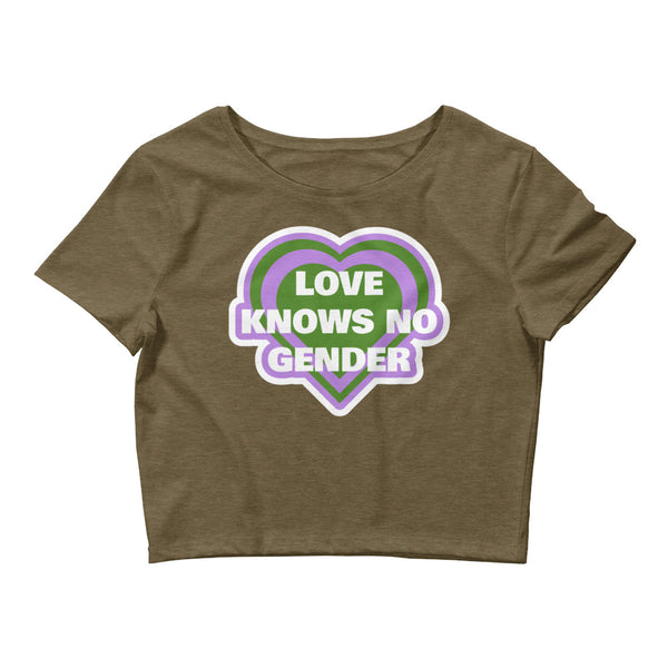 Heather Olive Love Knows No Gender Crop Top by Queer In The World Originals sold by Queer In The World: The Shop - LGBT Merch Fashion