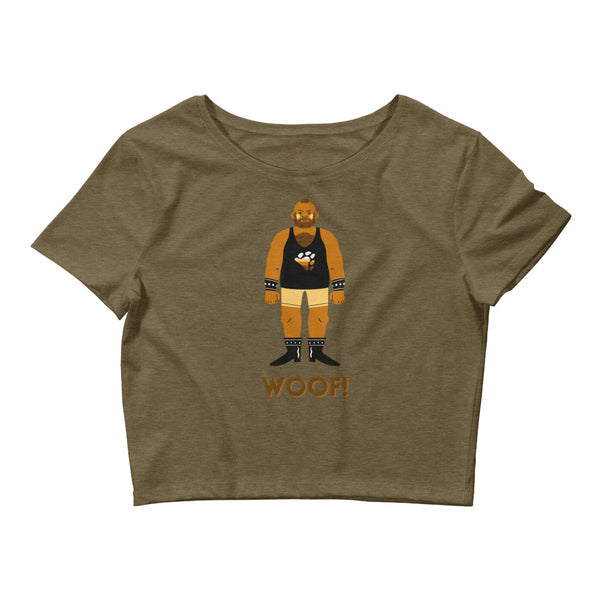 Heather Olive Woof! Gay Bear Crop Top by Printful sold by Queer In The World: The Shop - LGBT Merch Fashion