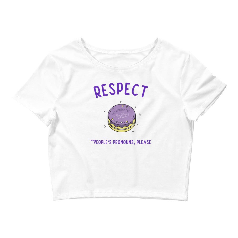 White Respect People's Pronouns Please Crop Top by Printful sold by Queer In The World: The Shop - LGBT Merch Fashion