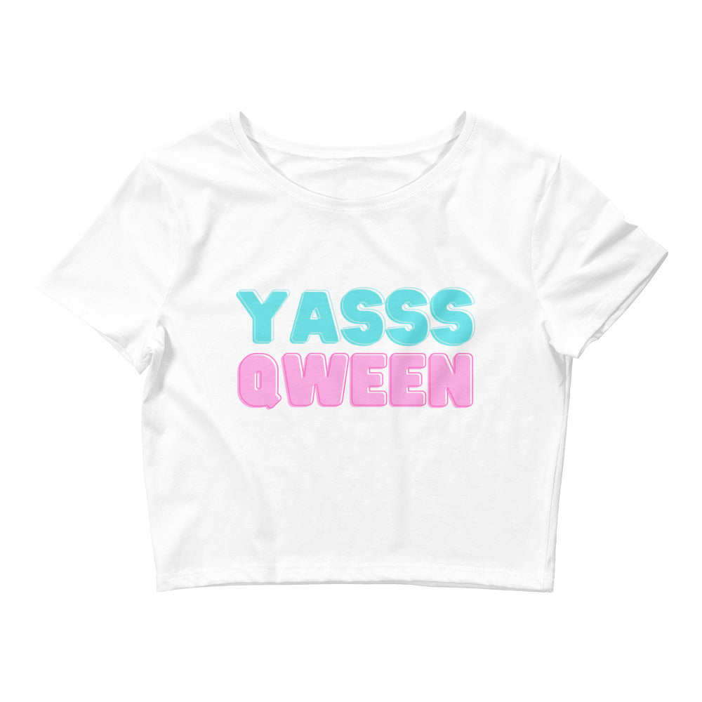 White Yasss Qween Crop Top by Printful sold by Queer In The World: The Shop - LGBT Merch Fashion