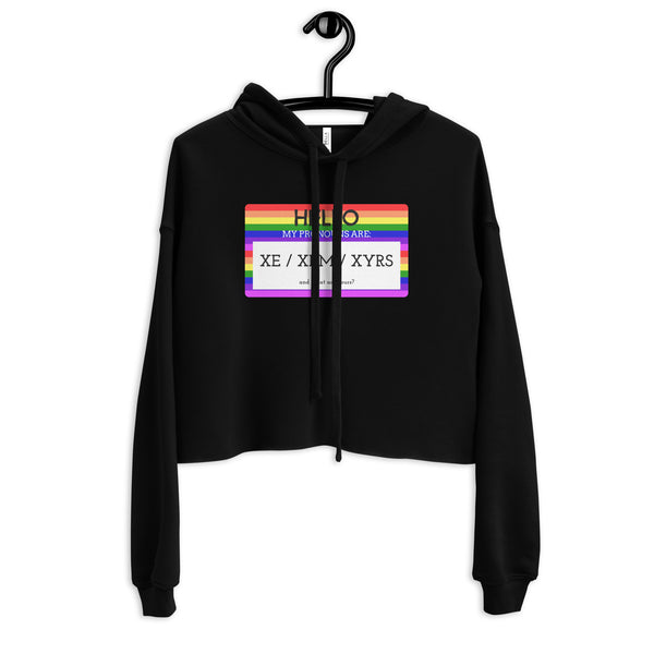 Black Hello My Pronouns Are Xe / Xem / Xyrs Crop Hoodie by Queer In The World Originals sold by Queer In The World: The Shop - LGBT Merch Fashion