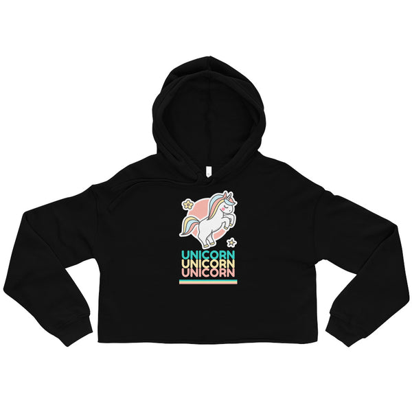 Front view of a black cropped hoodie with a pastel unicorn graphic and “UNICORN” repeated three times