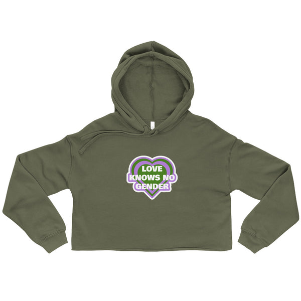 Military Green Love Knows No Gender Crop Hoodie by Queer In The World Originals sold by Queer In The World: The Shop - LGBT Merch Fashion