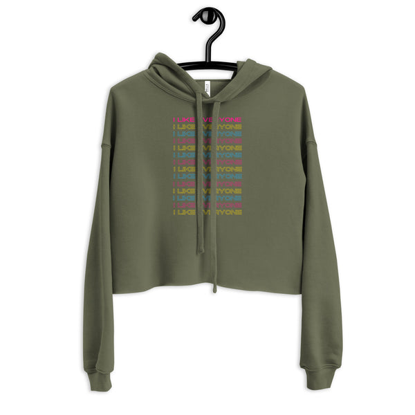 Front view of an olive green cropped hoodie with multicolor repeated “I LIKE EVERYONE” text