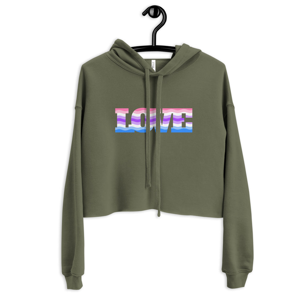 Front view of an olive-green cropped hoodie with a striped LOVE graphic on the chest