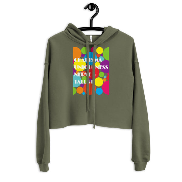 Olive-green cropped hoodie, front-facing cropped hoodie; crop hoodie with “Charisma Uniqueness Nerve & Talent” design